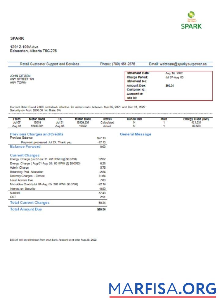 Printable Canada Alberta Spark utility bill real example
